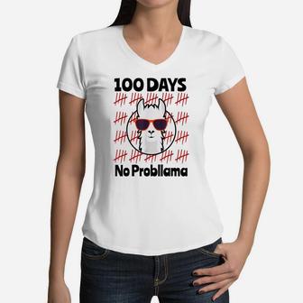 Cool Llama Happy 100Th Day Of School Boys Kids Funny Gift Women V-Neck T-Shirt | Crazezy