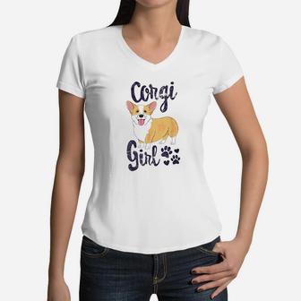 Corgi Girl Women V-Neck T-Shirt | Crazezy