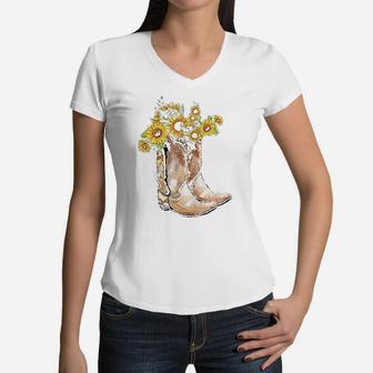 Cowgirl Boots Sunflower Women V-Neck T-Shirt | Crazezy