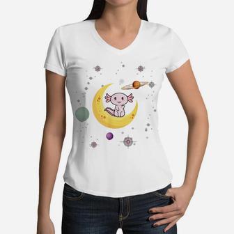 Cute Axolotl Moon Design Birthday Animal Space Lover Kids Women V-Neck T-Shirt | Crazezy