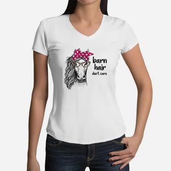 Cute Cowgirl Barn Hair Dont Care Horse Glasses Women V-Neck T-Shirt | Crazezy UK