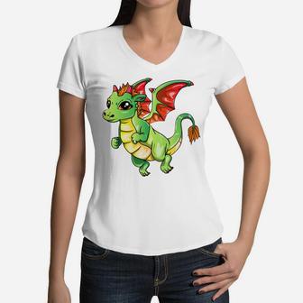 Cute Green Dragon For Girls Boys Kids Women V-Neck T-Shirt | Crazezy DE