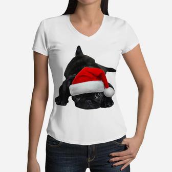 Cute Pug Shirt Women Men Boys Girls Santa Hat Christmas Gift Women V-Neck T-Shirt | Crazezy