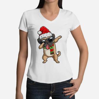 Dabbing Pug Santa Christmas Gift Kids Boys Girls Pugmas Xmas Women V-Neck T-Shirt | Crazezy