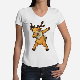 Dabbing Reindeer Christmas Funny Deer Xmas Dab Gifts Boys Women V-Neck T-Shirt | Crazezy CA