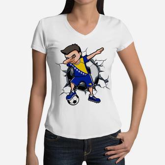 Dabbing Soccer Boy Bosnia Herzegovina Football Fans Jersey Women V-Neck T-Shirt | Crazezy
