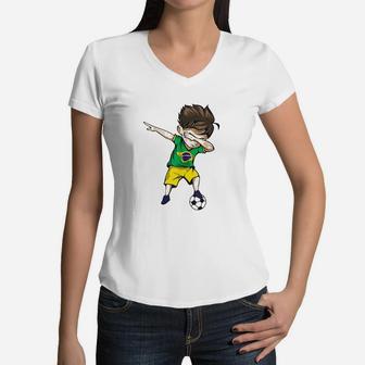 Dabbing Soccer Boy Brazil Women V-Neck T-Shirt | Crazezy