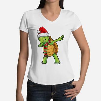 Dabbing Turtle Santa Christmas Kids Boys Girls Xmas Gifts Women V-Neck T-Shirt | Crazezy