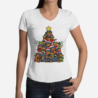 Dachshund Christmas Tree Dog Xmas Gift Santa Boys Kids Girls Women V-Neck T-Shirt | Crazezy CA