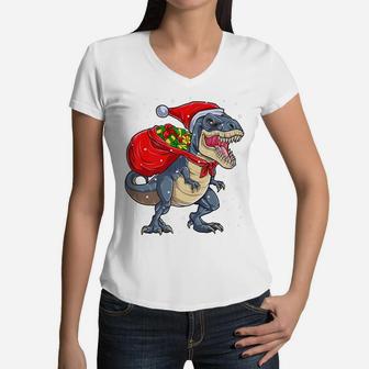 Dinosaur Christmas T Rex Santa Claus Xmas Boys Kids Gifts Women V-Neck T-Shirt | Crazezy DE