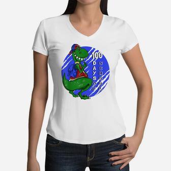 Dinosaur Trex Happy 100Th Day Of School Shirt Boys Kids Gift Women V-Neck T-Shirt | Crazezy