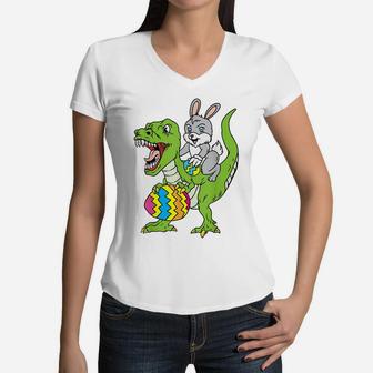Easter Bunny Dinosaur Boys Girls Kids Dino Lover Women V-Neck T-Shirt | Crazezy CA