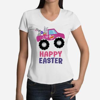 Easter Truck Bunny Eggs For Kids Boys Girls Happy Easter Women V-Neck T-Shirt | Crazezy UK