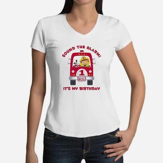 Fire Truck 1St Birthday Boy Women V-Neck T-Shirt | Crazezy CA