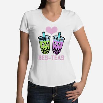 Funny Boba Tea Bubble Tea Besties Pun For Kids Girls & Women Women V-Neck T-Shirt | Crazezy