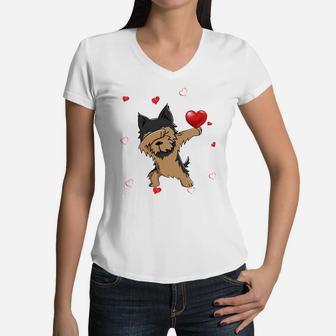Funny Dabbing Yorkshire Terrier Dog Breeds Valentines Day Gift Women V-Neck T-Shirt - Seseable