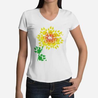 Funny Dog Sunflower Paw Print Gift | Animal Lovers For Girls Women V-Neck T-Shirt | Crazezy