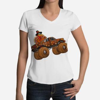 Funny Thanksgiving Turkey Day Riding Monster Truck Kids Boy Women V-Neck T-Shirt | Crazezy