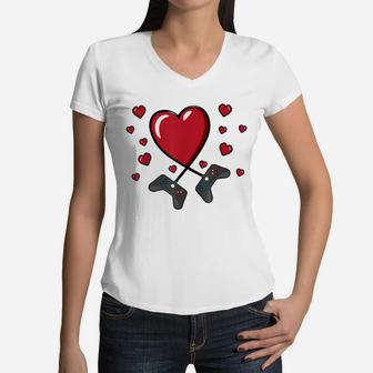 Gamer Valentines Day Shirt Heart Video Controller Kids Boys Women V-Neck T-Shirt | Crazezy DE