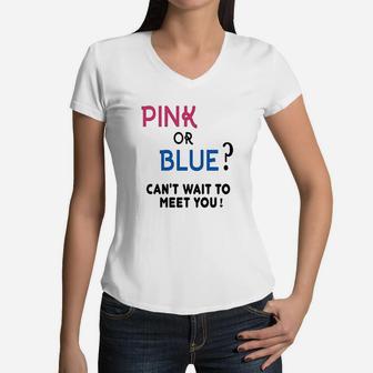 Gender Reveal Team Girl Or Boy Pink Or Blue Funny Graphic Women V-Neck T-Shirt | Crazezy UK