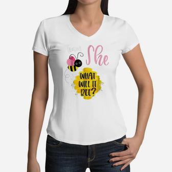 Gender Reveal Team She Shirt Girl What Will It Bee Or He Tee Women V-Neck T-Shirt | Crazezy UK