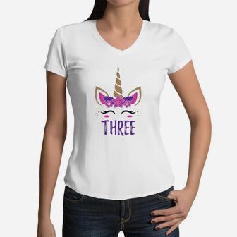 Gift For 3 Year Old Girl Unicorn 3Rd Birthday Women V-Neck T-Shirt | Crazezy DE