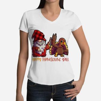 Gnome Thanksgiving Shirt Women Buffalo Plaid Kids Turkey Women V-Neck T-Shirt | Crazezy