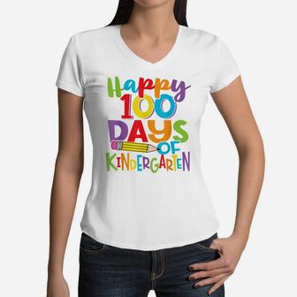 Happy 100 Days Of Kindergarten Teacher And Kids Colorful Women V-Neck T-Shirt | Crazezy CA