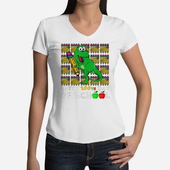 Happy 100Th Day Of School T-Rex Funny Teacher Student Kids Women V-Neck T-Shirt | Crazezy DE