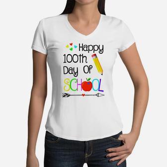 Happy 100Th Day Of School Teacher Kids Boys Girls Toddlers Women V-Neck T-Shirt | Crazezy DE