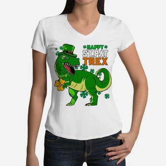 Happy St Pat-Trex Day Saint Patrick Dinosaur Boys Girls Kids Women V-Neck T-Shirt | Crazezy