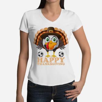 Happy Thanksgiving Boys Kids Turkey Football Soccer Ball Women V-Neck T-Shirt | Crazezy
