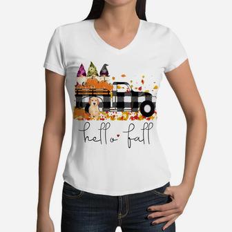 Hello Fall Pumpkin Truck Gnomes Dog Graphic Women Boys Girls Women V-Neck T-Shirt | Crazezy UK
