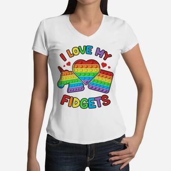 I Love My Fidgets Pop It Fidget Toy Colorful Pop It Kids Women V-Neck T-Shirt | Crazezy