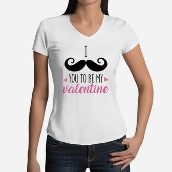 I Mustache You To Be My Valentine Pink Happy Valentines Day Women V-Neck T-Shirt - Seseable
