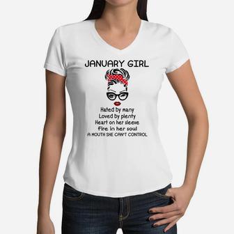 January Girl Hated By Many Woman Face Wink Eyes Birthday Women V-Neck T-Shirt | Crazezy UK