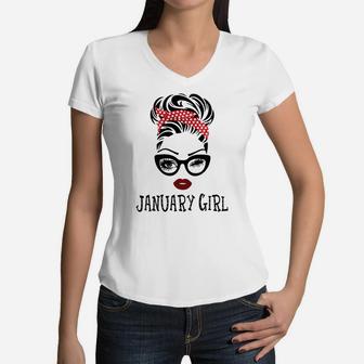 January Girl Woman Face Wink Eyes Lady Face Birthday Gifts Women V-Neck T-Shirt | Crazezy