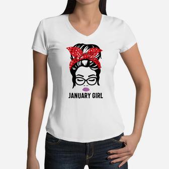 January Girl Woman Face Wink Eyes Lady Face Birthday Women V-Neck T-Shirt | Crazezy UK