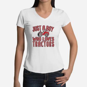 Just A Boy Who Loves Tractors Women V-Neck T-Shirt | Crazezy