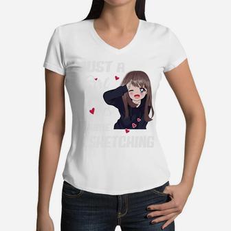 Just A Girl Who Loves Anime And Sketching Drawing Women V-Neck T-Shirt | Crazezy AU