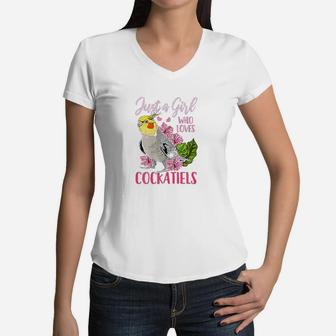 Just A Girl Who Loves Cockatiels Cute Women V-Neck T-Shirt | Crazezy