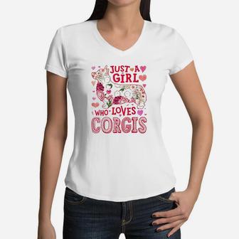 Just A Girl Who Loves Corgis Dog Silhouette Flower Floral Women V-Neck T-Shirt | Crazezy AU