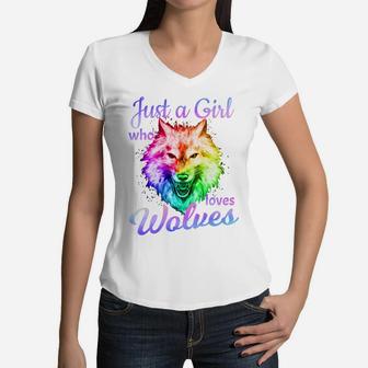 Just A Girl Who Loves Wolves - Moon Wolf Shirt Girls Women Women V-Neck T-Shirt | Crazezy