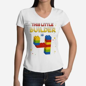 Kids 4 Years Old Builder Boy Girl Gift Building Blocks Birthday Women V-Neck T-Shirt | Crazezy