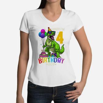 Kids 4Th Birthday Boy T Rex Dinosaur Dino Party Gift Women V-Neck T-Shirt | Crazezy DE