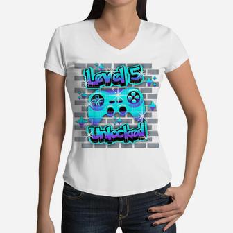 Kids 5 Year Old 5Th Video Gamer Gaming Birthday Party Boys Girls Women V-Neck T-Shirt | Crazezy