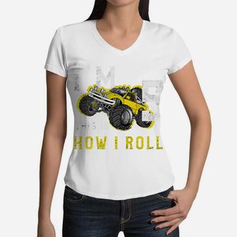 Kids 5 Year Old Shirt 5Th Birthday Boy Monster Truck Car Women V-Neck T-Shirt | Crazezy