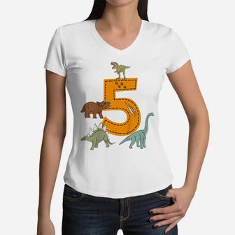Kids 5Th Birthday Boys Dino Dinosaurs Gift Birthday Women V-Neck T-Shirt | Crazezy DE