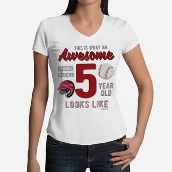 Kids 5Th Birthday Gift Awesome 5 Year Old Baseball Legend Women V-Neck T-Shirt | Crazezy UK