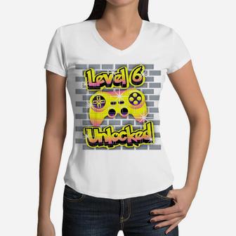 Kids 6 Year Old 6Th Video Gamer Gaming Birthday Party Boys Girls Women V-Neck T-Shirt | Crazezy